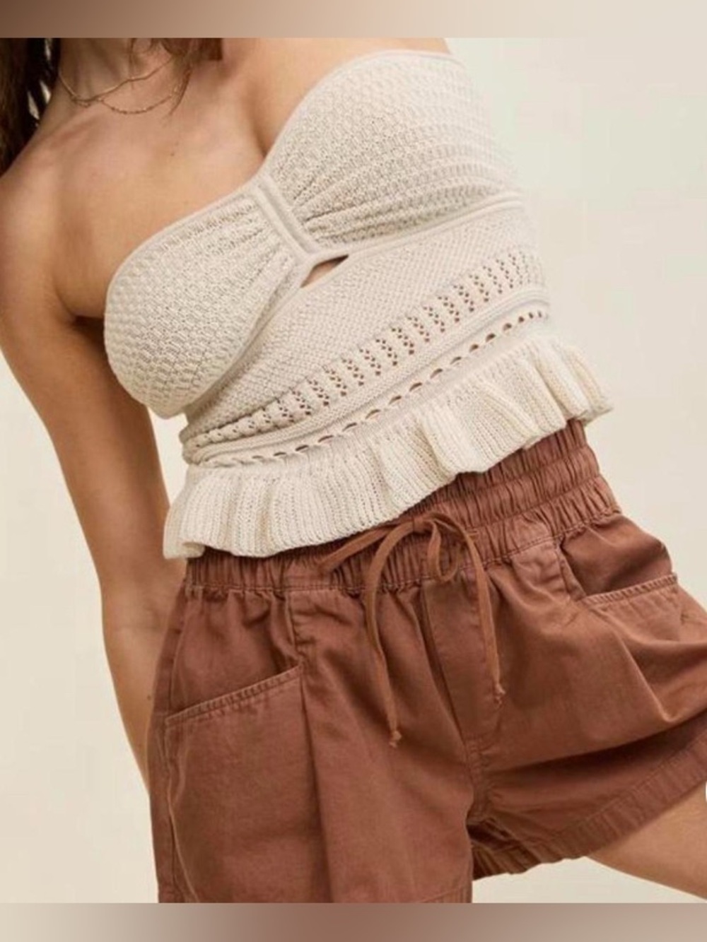 Aerie Cream Knit Off-Shoulder Ruffle Crop Top